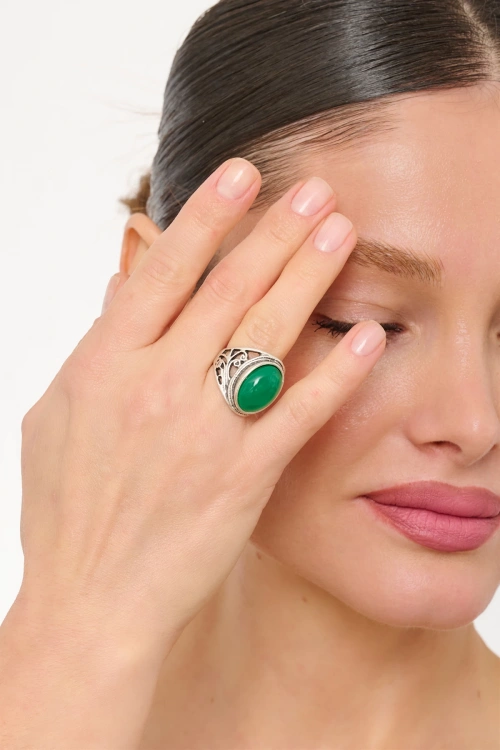 Kiraz Green Stoned Silver Plated Ring