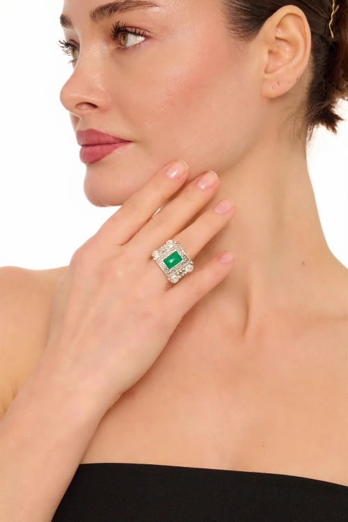 Kiraz Green Stoned Silver Plated Ring