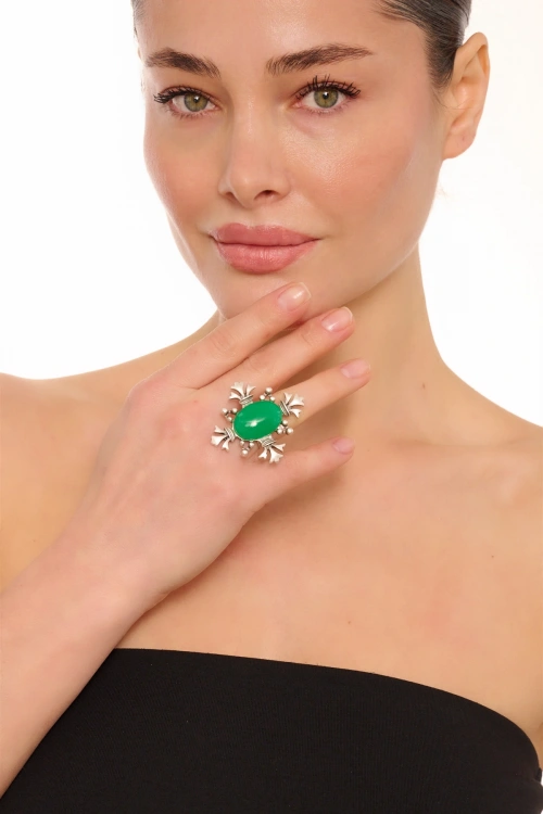 Kiraz Green Stoned Silver Plated Ring