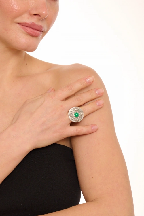 Kiraz Green Stoned Silver Plated Ring