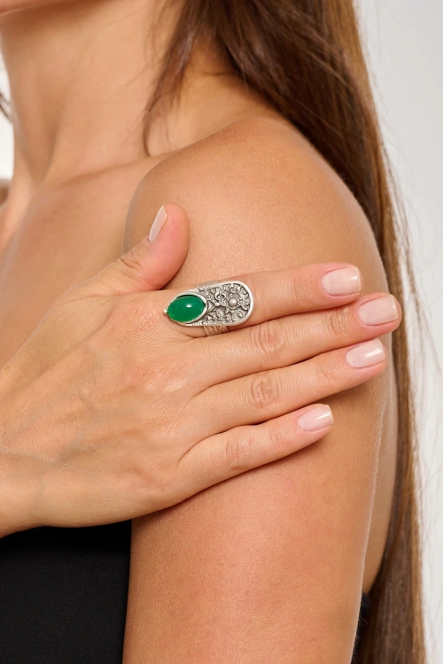 Kiraz Green Stoned Silver Plated Ring