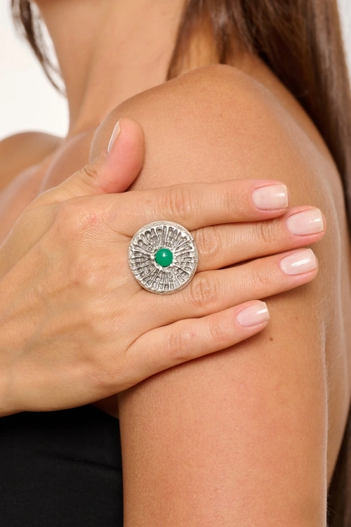 Kiraz Green Stoned Silver Plated Ring