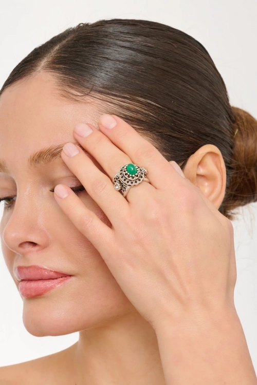 Kiraz Green Stoned Silver Plated Ring