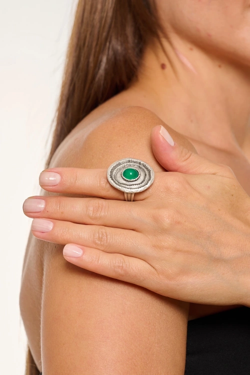 Kiraz Green Stoned Silver Plated Ring