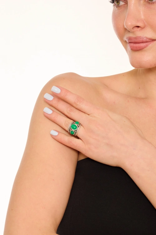Kiraz Green Stoned Silver Plated Ring