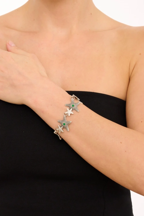 Kiraz Green Stoned Silver Plated Seashell Bracelet