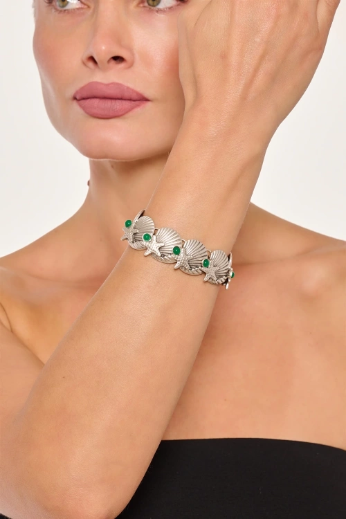 Kiraz Green Stoned Silver Plated Seashell Bracelet
