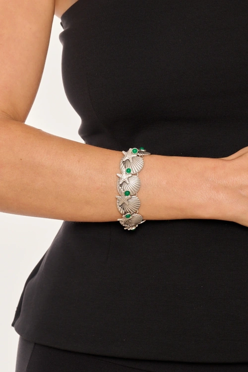 Kiraz Green Stoned Silver Plated Seashell Bracelet