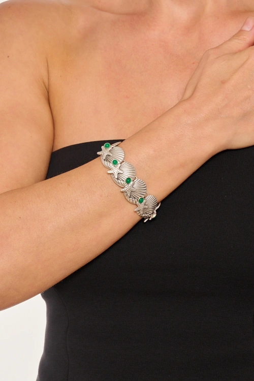 Kiraz Green Stoned Silver Plated Seashell Bracelet