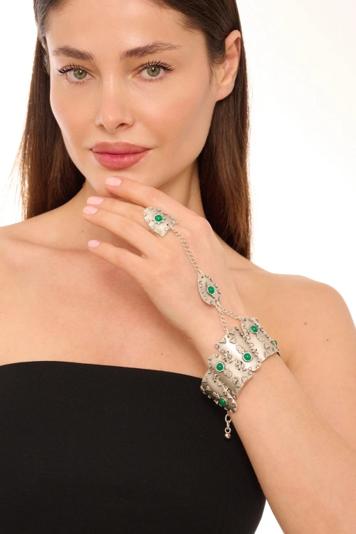 Kiraz Green Stoned Silver Plated Shahmaran Bracelet