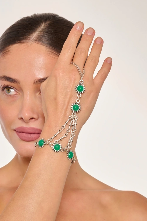 Kiraz Green Stoned Silver Plated Shahmaran Bracelet