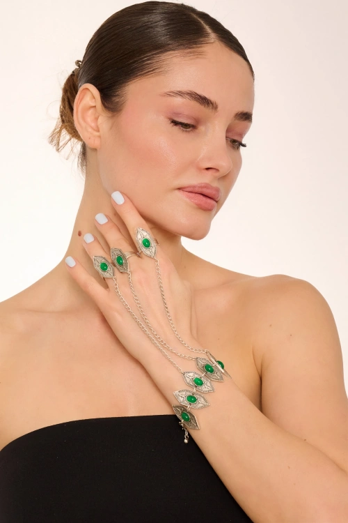 Kiraz Green Stoned Silver Plated Shahmaran Bracelet