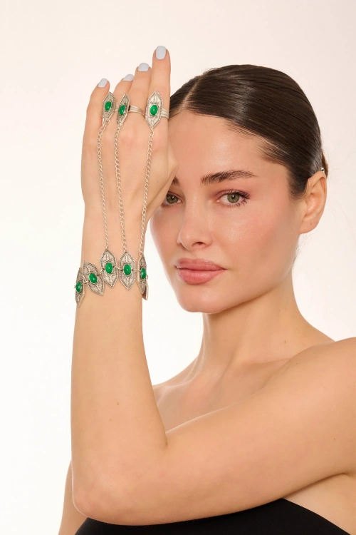 Kiraz Green Stoned Silver Plated Shahmaran Bracelet