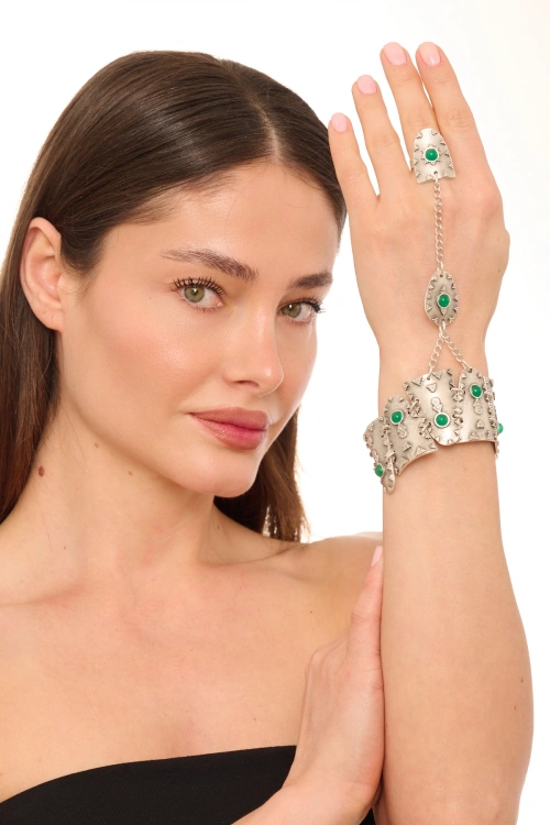 Kiraz Green Stoned Silver Plated Shahmaran Bracelet