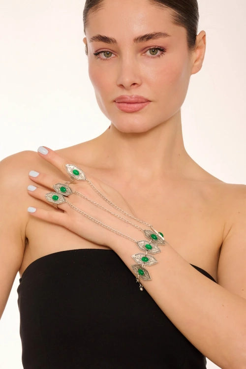 Kiraz Green Stoned Silver Plated Shahmaran Bracelet