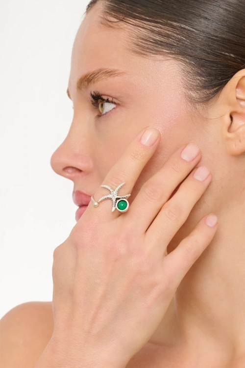 Kiraz Green Stoned Silver Plated Starfish Ring