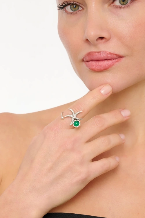 Kiraz Green Stoned Silver Plated Starfish Ring