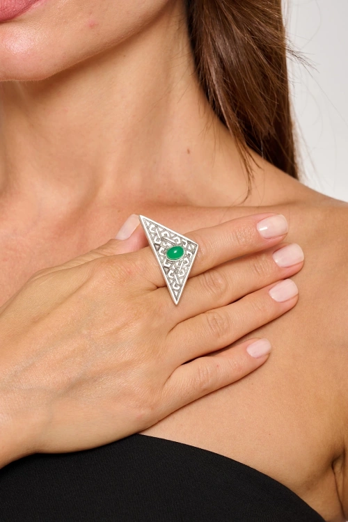 Kiraz Green Stoned Silver Plated Triangle Ring
