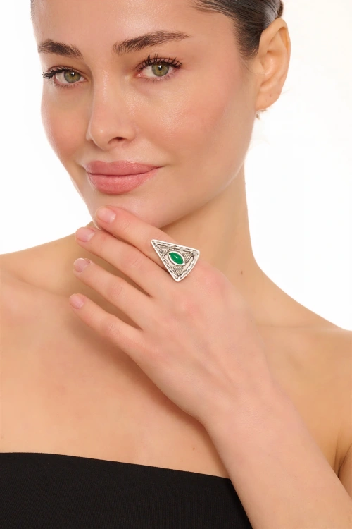 Kiraz Green Stoned Silver Plated Triangle Ring