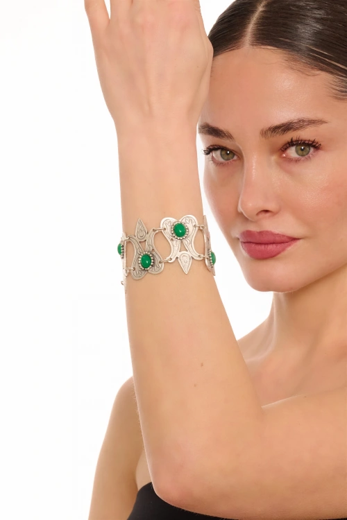 Kiraz Green Stoned Silver Plated Tulip Bracelet