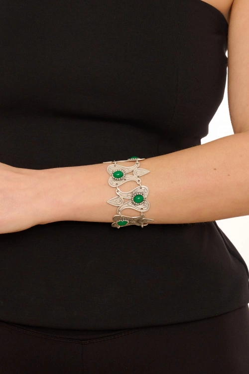Kiraz Green Stoned Silver Plated Tulip Bracelet