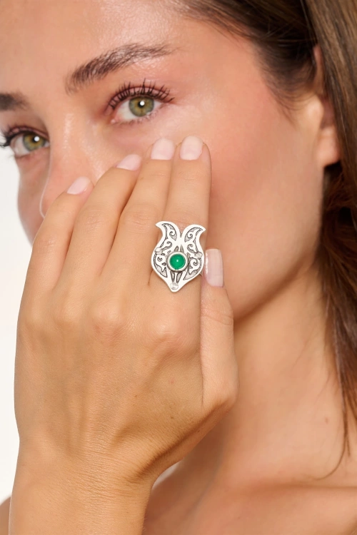 Kiraz Green Stoned Silver Plated Tulip Ring