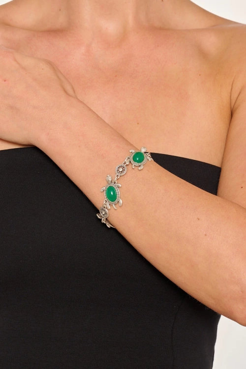 Kiraz Green Stoned Silver Plated Turtle Bracelet