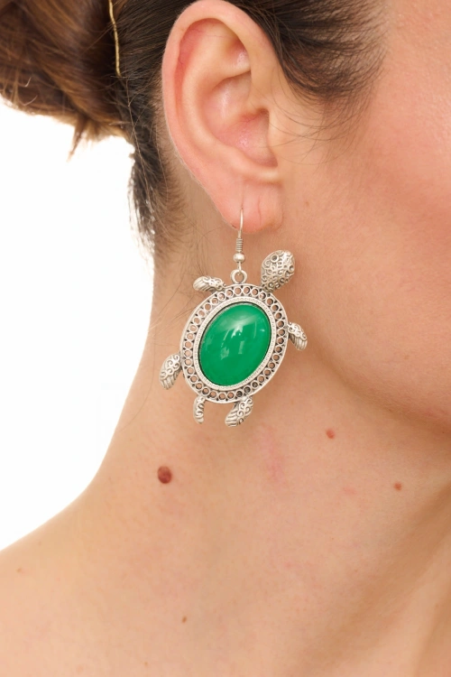 Kiraz Green Stoned Silver Plated Turtle Earring
