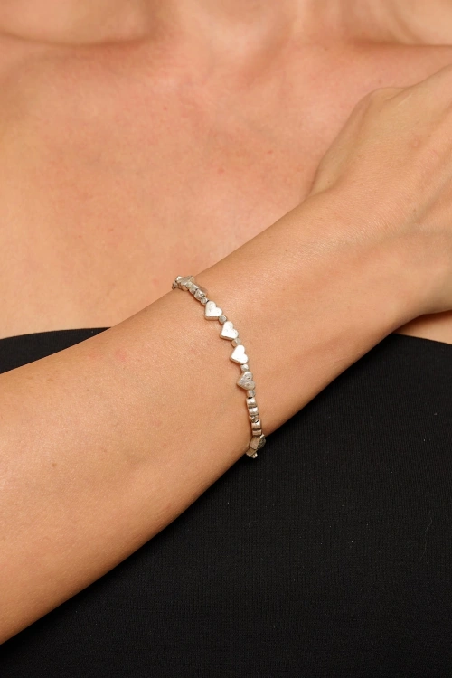 Kiraz Heart Elastic Silver Plated Bracelet