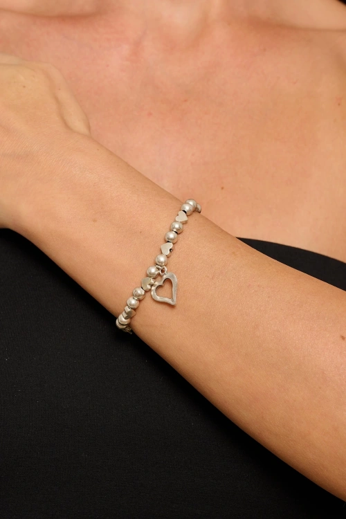 Kiraz Heart Elastic Silver Plated Bracelet