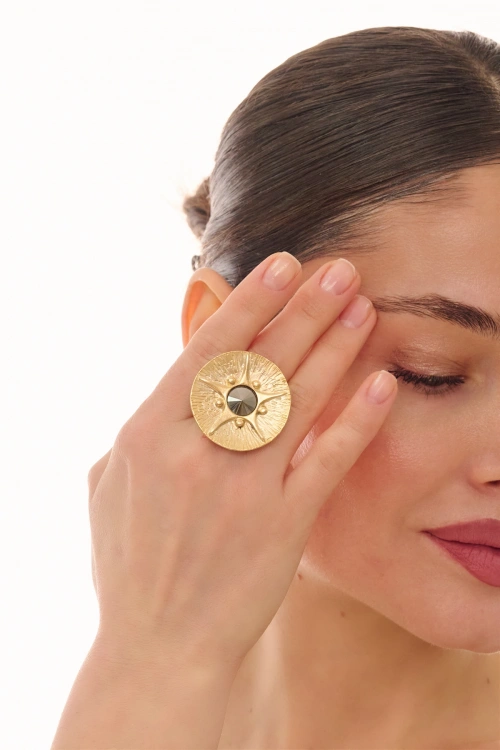 Kiraz Hematite Crystal Stoned Gold Plated Ring