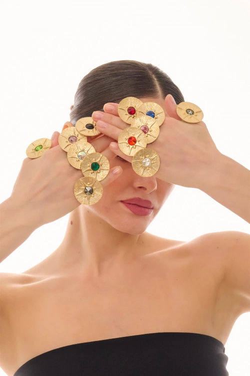 Kiraz Janjan Crystal Stoned Gold Stoned Plated Ring