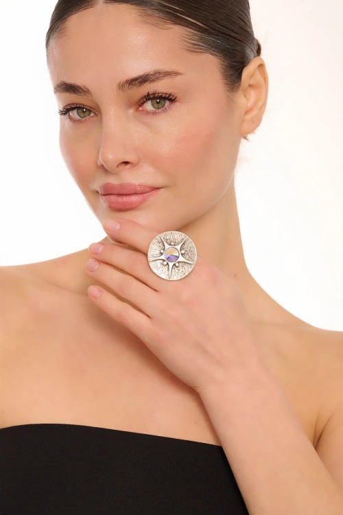 Kiraz Janjan Crystal Stoned Silver Stoned Plated Ring