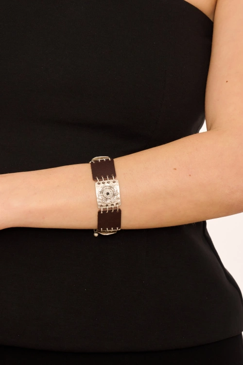 Kiraz Leather Black Crystal Stoned Silver Plated Bracelet