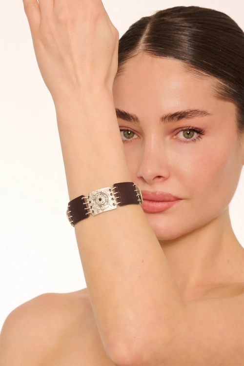 Kiraz Leather Black Crystal Stoned Silver Plated Bracelet