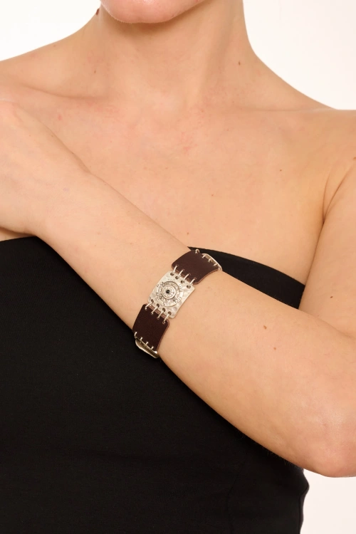 Kiraz Leather Black Crystal Stoned Silver Plated Bracelet