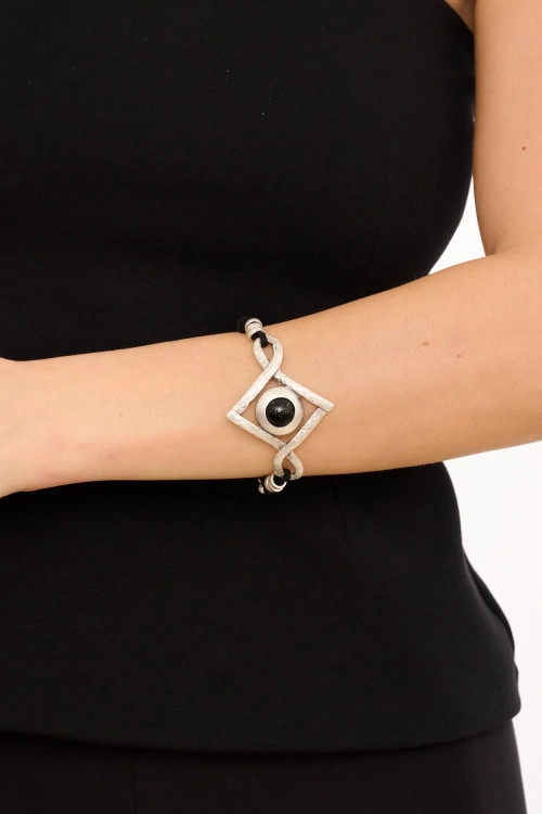 Kiraz Leather Black Stoned Silver Plated Bracelet