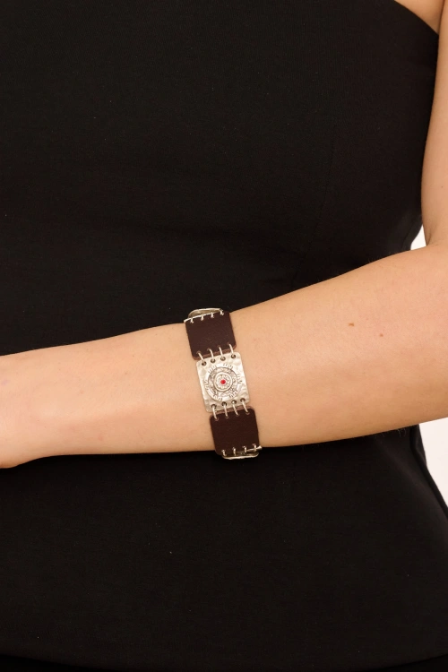 Kiraz Leather Burgundy Crystal Stoned Silver Plated Bracelet