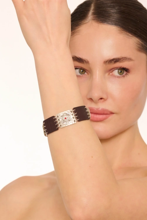 Kiraz Leather Burgundy Crystal Stoned Silver Plated Bracelet