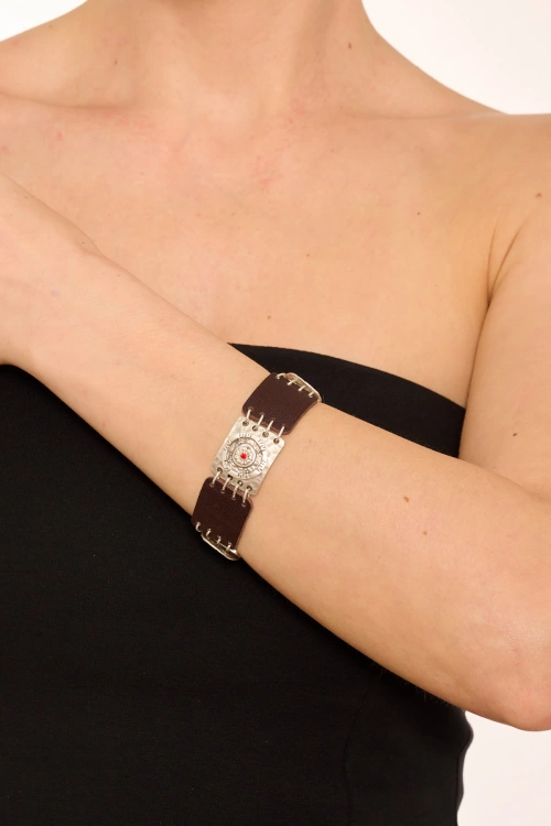 Kiraz Leather Burgundy Crystal Stoned Silver Plated Bracelet