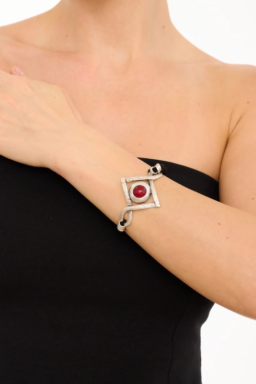 Kiraz Leather Burgundy Stoned Silver Plated Bracelet