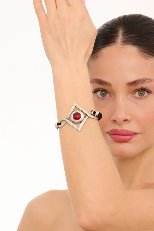 Kiraz Leather Burgundy Stoned Silver Plated Bracelet