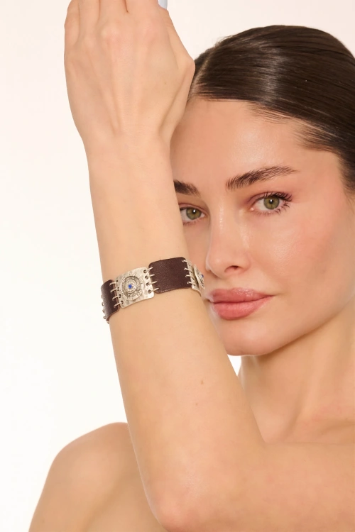 Kiraz Leather Dark Blue Crystal Stoned Silver Plated Bracelet