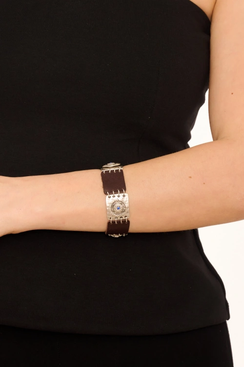 Kiraz Leather Dark Blue Crystal Stoned Silver Plated Bracelet