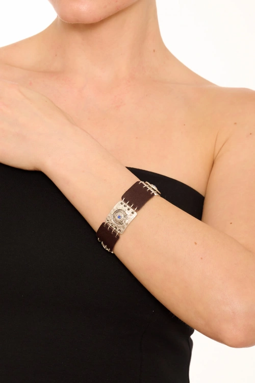 Kiraz Leather Dark Blue Crystal Stoned Silver Plated Bracelet