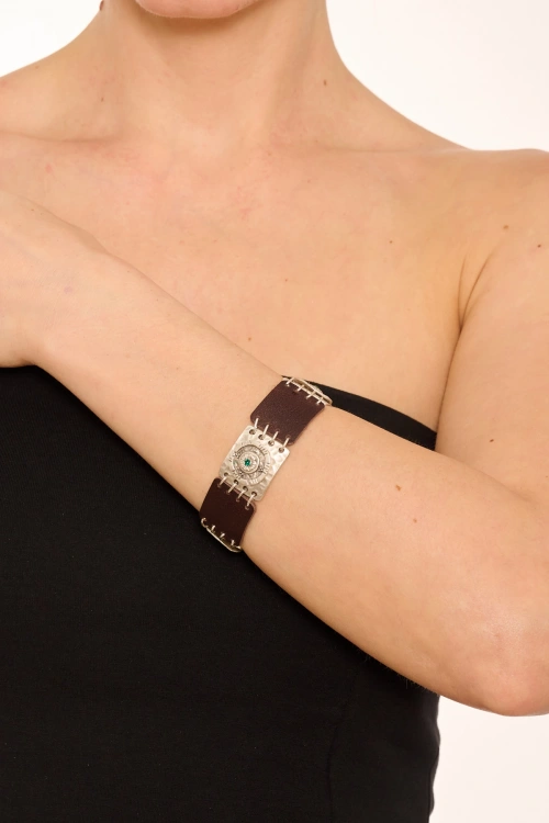 Kiraz Leather Emerald Crystal Stoned Silver Plated Bracelet