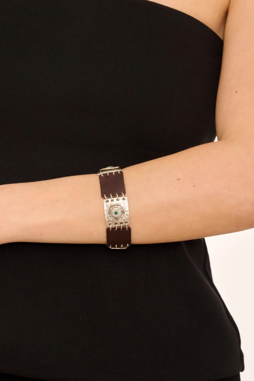 Kiraz Leather Emerald Crystal Stoned Silver Plated Bracelet