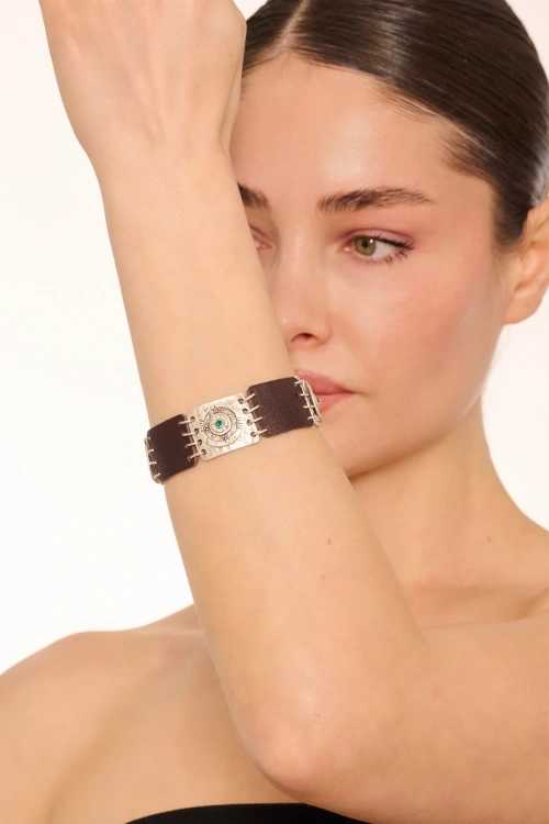 Kiraz Leather Emerald Crystal Stoned Silver Plated Bracelet