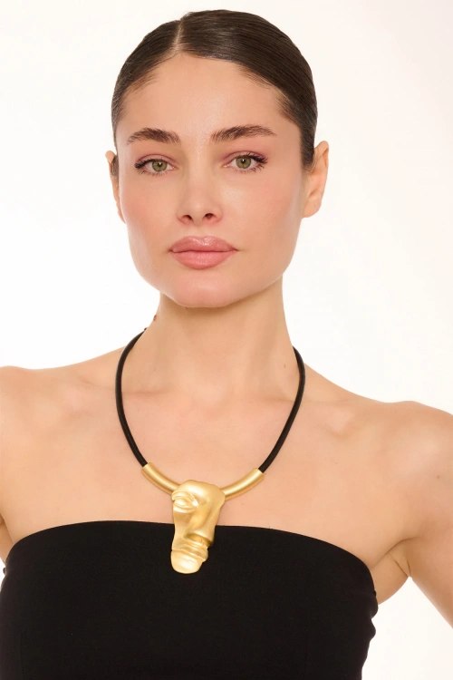 Kiraz Leather Gold Plated Face Necklace