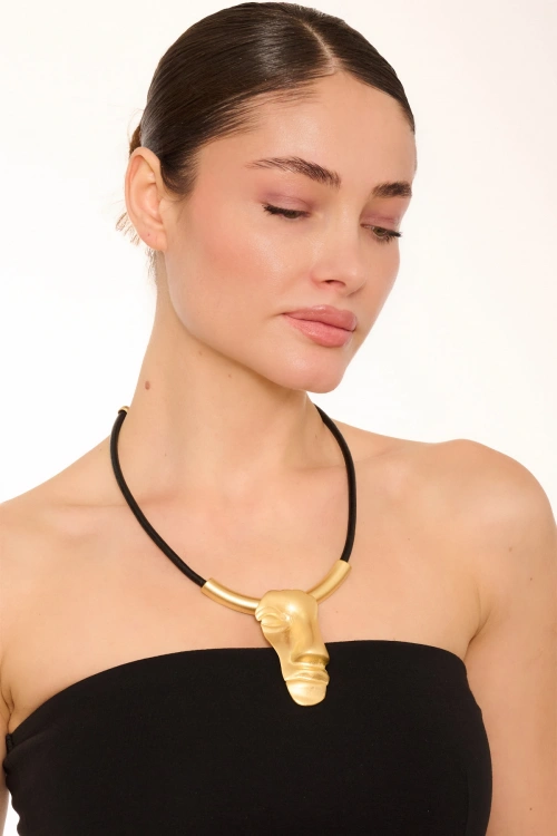 Kiraz Leather Gold Plated Face Necklace